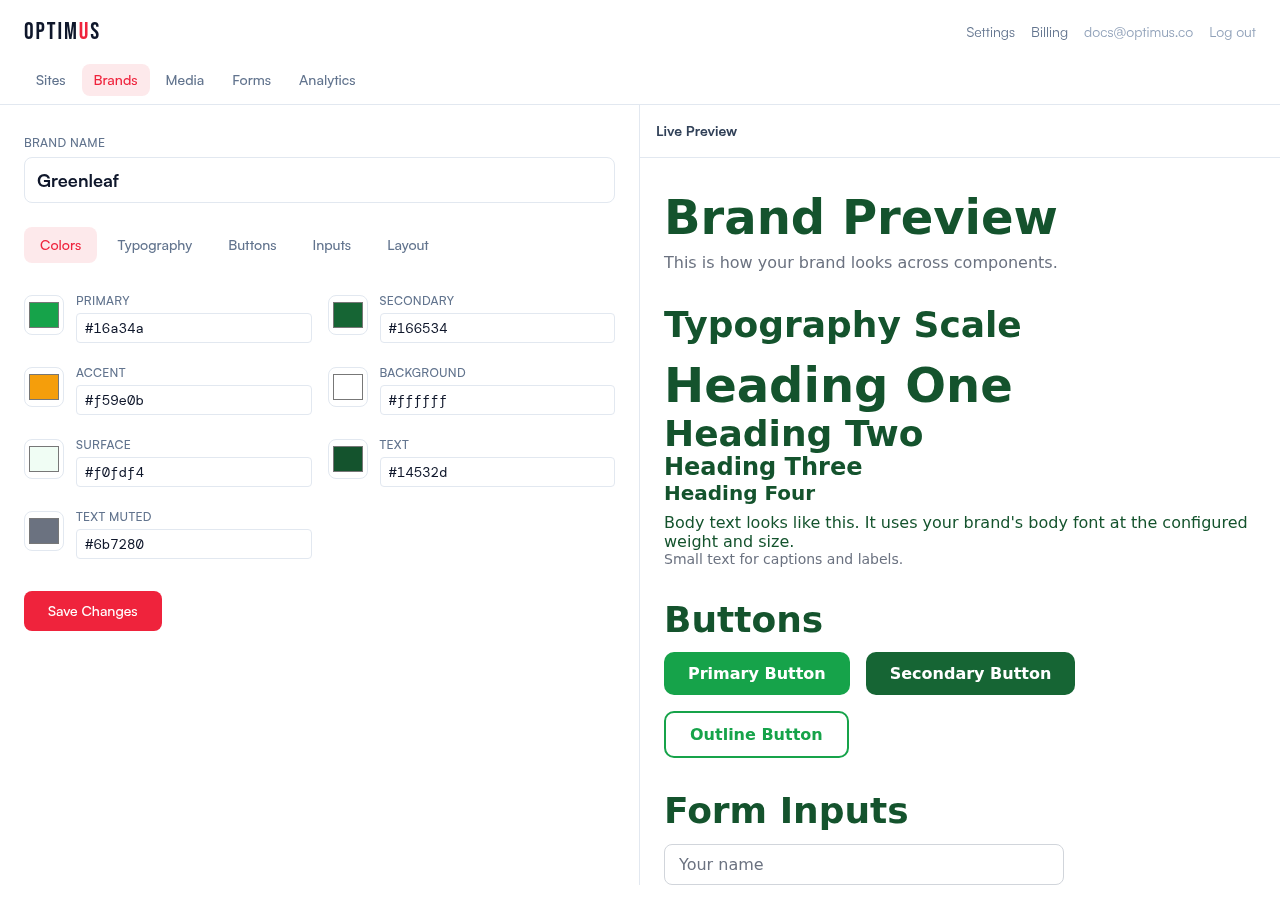 Brand guidelines editor with live preview