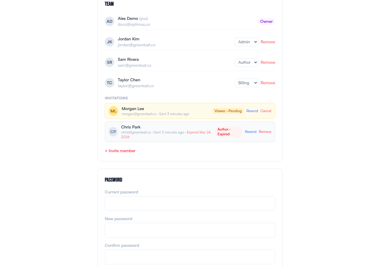 Team settings showing pending and expired invitations